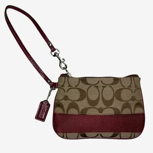 Coach Signature Canvas Wristlet Burgundy Patent Trim Small Pouch Bag